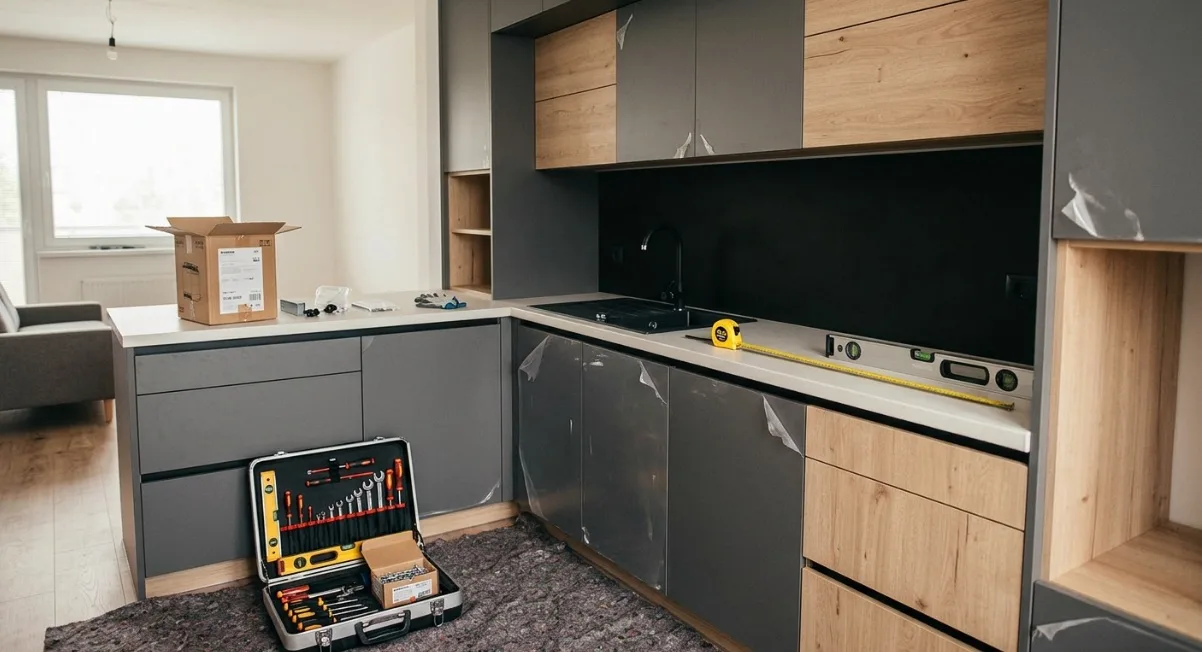 Montáž kuchynskej linky s meracím náradím a vodováhou